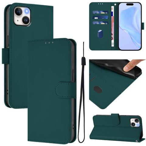 Skin Feel Solid Color Leather Phone Case with Lanyard, For iPhone 15, For iPhone 14 Plus