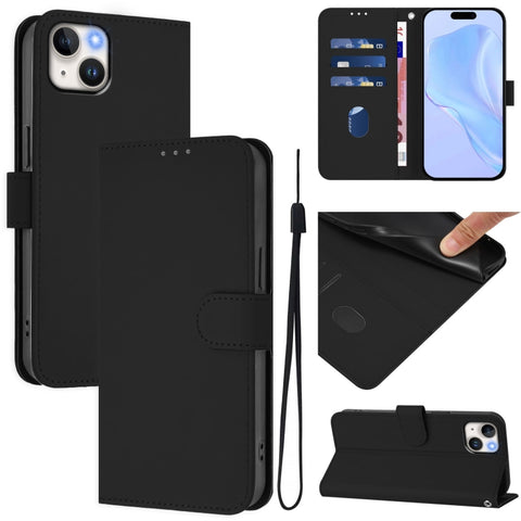 Skin Feel Solid Color Leather Phone Case with Lanyard, For iPhone 15, For iPhone 14 Plus