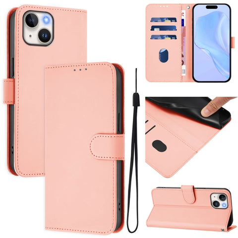 Skin Feel Solid Color Leather Phone Case with Lanyard, For iPhone 14 / 13, For iPhone 14 Pro