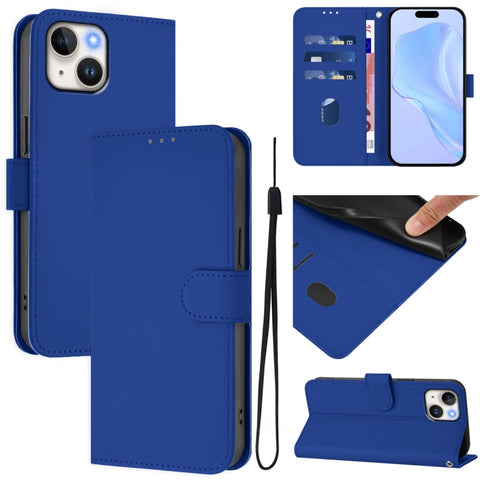 Skin Feel Solid Color Leather Phone Case with Lanyard, For iPhone 14 / 13, For iPhone 14 Pro