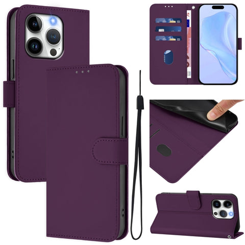 Skin Feel Solid Color Leather Phone Case with Lanyard, For iPhone 14 / 13, For iPhone 14 Pro