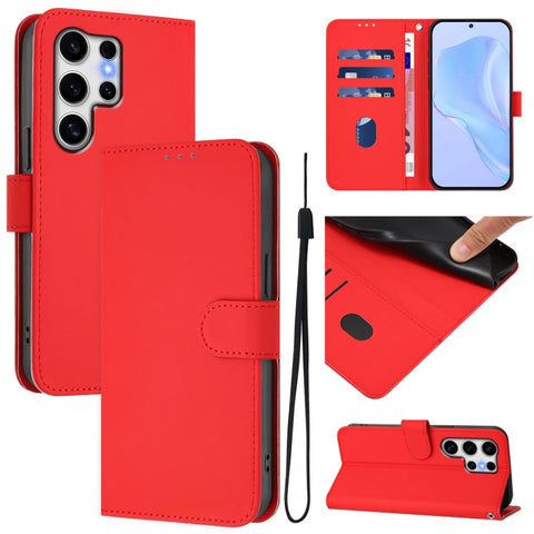 Skin Feel Solid Color Leather Phone Case with Lanyard, For Samsung Galaxy S25 Ultra 5G, For Samsung Galaxy S24 FE 5G