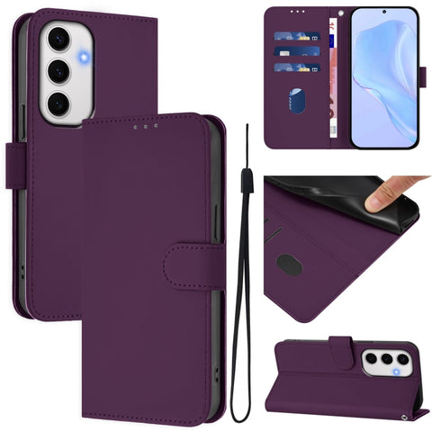 Skin Feel Solid Color Leather Phone Case with Lanyard, For Samsung Galaxy S25 Ultra 5G, For Samsung Galaxy S24 FE 5G