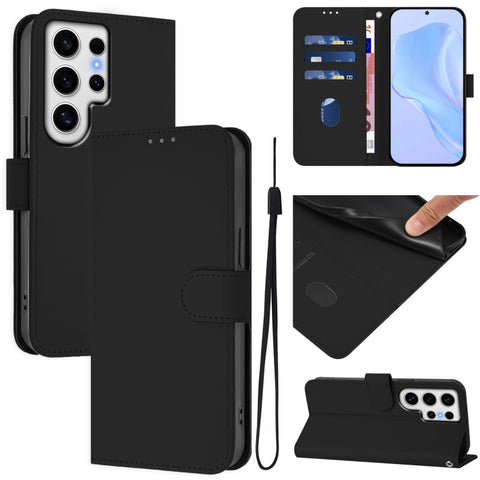 Skin Feel Solid Color Leather Phone Case with Lanyard, For Samsung Galaxy S24 Ultra 5G, For Samsung Galaxy S24+ 5G