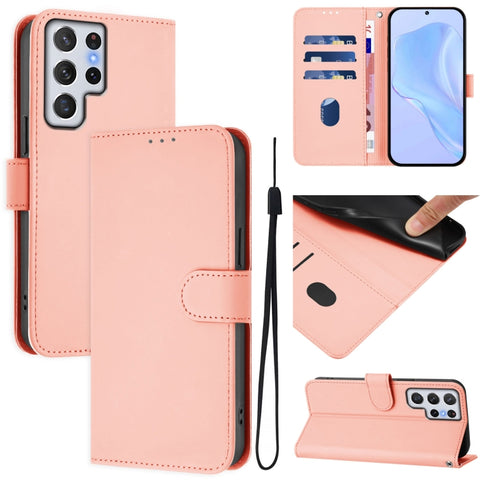 Skin Feel Solid Color Leather Phone Case with Lanyard, For Samsung Galaxy S22 Ultra 5G, For Samsung Galaxy S22+ 5G