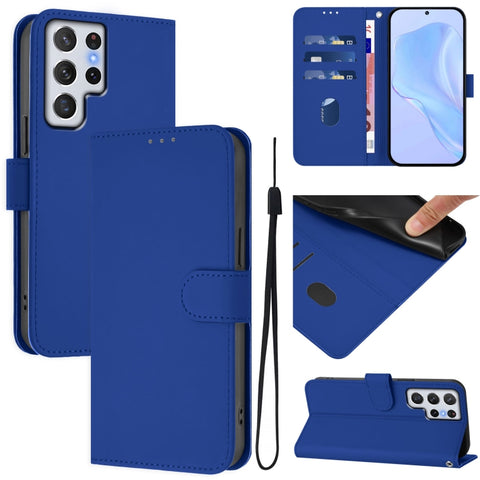 Skin Feel Solid Color Leather Phone Case with Lanyard, For Samsung Galaxy S22 Ultra 5G, For Samsung Galaxy S22+ 5G