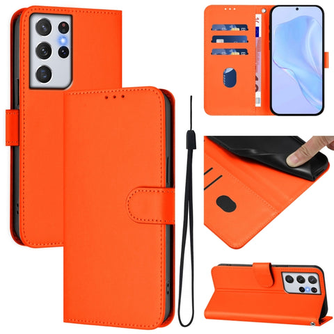 Skin Feel Solid Color Leather Phone Case with Lanyard, For Samsung Galaxy S21 Ultra 5G