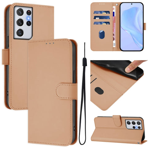 Skin Feel Solid Color Leather Phone Case with Lanyard, For Samsung Galaxy S21 Ultra 5G