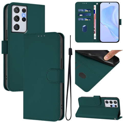 Skin Feel Solid Color Leather Phone Case with Lanyard, For Samsung Galaxy S21 Ultra 5G