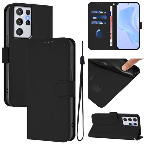 Skin Feel Solid Color Leather Phone Case with Lanyard, For Samsung Galaxy S21 Ultra 5G