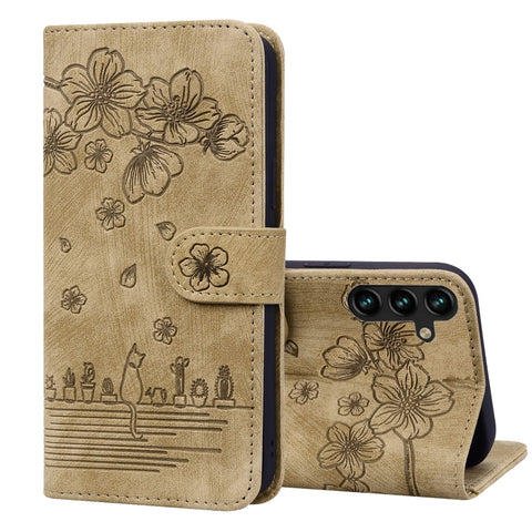 Cartoon Sakura Cat Embossed Leather Phone Case, For Samsung Galaxy S26+ 5G, For Samsung Galaxy S26 Ultra 5G, For Samsung Galaxy S26 5G, For Samsung Galaxy S25 Edge 5G, For Samsung Galaxy S25 Ultra 5G, For Samsung Galaxy S24 FE 5G                       ...