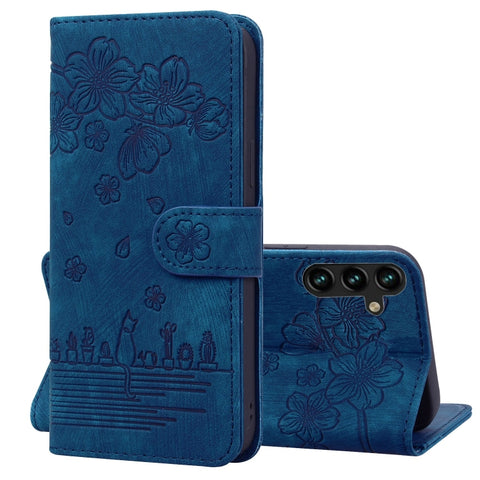 Cartoon Sakura Cat Embossed Leather Phone Case, For Samsung Galaxy S26+ 5G, For Samsung Galaxy S26 Ultra 5G, For Samsung Galaxy S26 5G, For Samsung Galaxy S25 Edge 5G, For Samsung Galaxy S25 Ultra 5G, For Samsung Galaxy S24 FE 5G                       ...