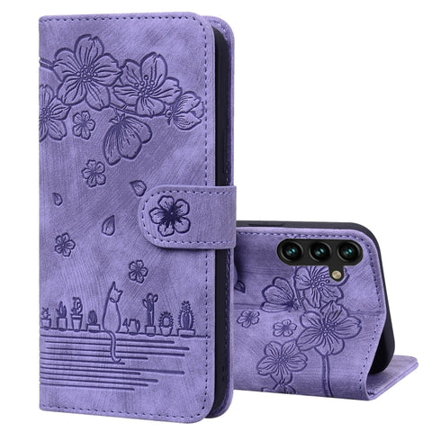 Cartoon Sakura Cat Embossed Leather Phone Case, For Samsung Galaxy S26+ 5G, For Samsung Galaxy S26 Ultra 5G, For Samsung Galaxy S26 5G, For Samsung Galaxy S25 Edge 5G, For Samsung Galaxy S25 Ultra 5G, For Samsung Galaxy S24 FE 5G                       ...