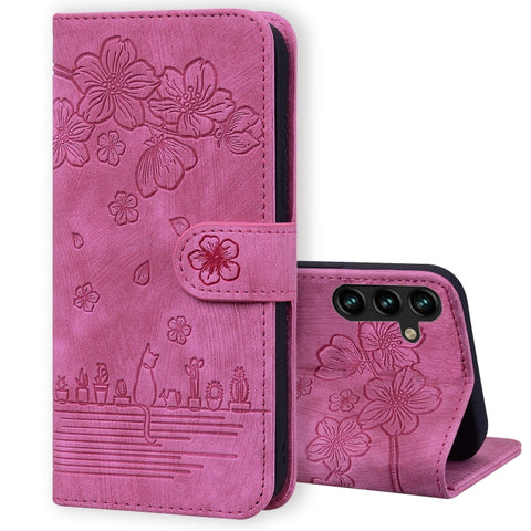 Cartoon Sakura Cat Embossed Leather Phone Case, For Samsung Galaxy S26+ 5G, For Samsung Galaxy S26 Ultra 5G, For Samsung Galaxy S26 5G, For Samsung Galaxy S25 Edge 5G, For Samsung Galaxy S25 Ultra 5G, For Samsung Galaxy S24 FE 5G                       ...