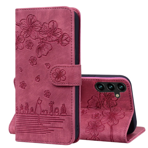 Cartoon Sakura Cat Embossed Leather Phone Case, For Samsung Galaxy S26+ 5G, For Samsung Galaxy S26 Ultra 5G, For Samsung Galaxy S26 5G, For Samsung Galaxy S25 Edge 5G, For Samsung Galaxy S25 Ultra 5G, For Samsung Galaxy S24 FE 5G                       ...