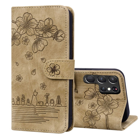 Cartoon Sakura Cat Embossed Leather Phone Case, For Samsung Galaxy S26+ 5G, For Samsung Galaxy S26 Ultra 5G, For Samsung Galaxy S26 5G, For Samsung Galaxy S25 Edge 5G, For Samsung Galaxy S25 Ultra 5G, For Samsung Galaxy S24 FE 5G                       ...
