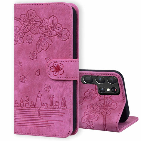 Cartoon Sakura Cat Embossed Leather Phone Case, For Samsung Galaxy S26+ 5G, For Samsung Galaxy S26 Ultra 5G, For Samsung Galaxy S26 5G, For Samsung Galaxy S25 Edge 5G, For Samsung Galaxy S25 Ultra 5G, For Samsung Galaxy S24 FE 5G                       ...