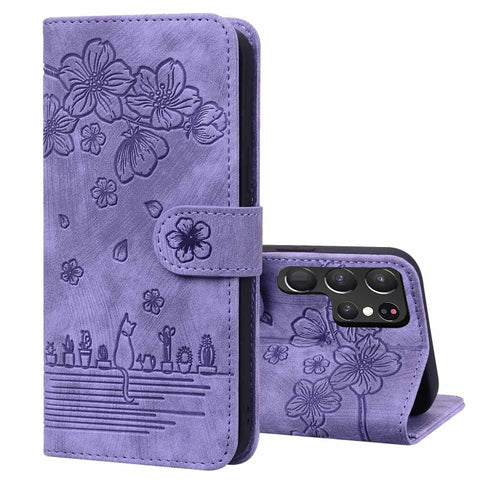 Cartoon Sakura Cat Embossed Leather Phone Case, For Samsung Galaxy S26+ 5G, For Samsung Galaxy S26 Ultra 5G, For Samsung Galaxy S26 5G, For Samsung Galaxy S25 Edge 5G, For Samsung Galaxy S25 Ultra 5G, For Samsung Galaxy S24 FE 5G                       ...