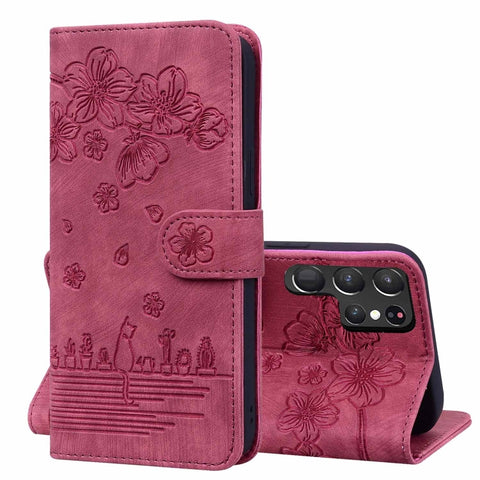 Cartoon Sakura Cat Embossed Leather Phone Case, For Samsung Galaxy S26+ 5G, For Samsung Galaxy S26 Ultra 5G, For Samsung Galaxy S26 5G, For Samsung Galaxy S25 Edge 5G, For Samsung Galaxy S25 Ultra 5G, For Samsung Galaxy S24 FE 5G                       ...