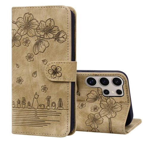 Cartoon Sakura Cat Embossed Leather Phone Case, For Samsung Galaxy S26+ 5G, For Samsung Galaxy S26 Ultra 5G, For Samsung Galaxy S26 5G, For Samsung Galaxy S25 Edge 5G, For Samsung Galaxy S25 Ultra 5G, For Samsung Galaxy S24 FE 5G                       ...