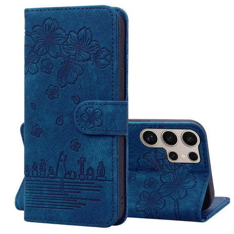 Cartoon Sakura Cat Embossed Leather Phone Case, For Samsung Galaxy S26+ 5G, For Samsung Galaxy S26 Ultra 5G, For Samsung Galaxy S26 5G, For Samsung Galaxy S25 Edge 5G, For Samsung Galaxy S25 Ultra 5G, For Samsung Galaxy S24 FE 5G                       ...