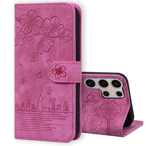 Cartoon Sakura Cat Embossed Leather Phone Case, For Samsung Galaxy S26+ 5G, For Samsung Galaxy S26 Ultra 5G, For Samsung Galaxy S26 5G, For Samsung Galaxy S25 Edge 5G, For Samsung Galaxy S25 Ultra 5G, For Samsung Galaxy S24 FE 5G                       ...