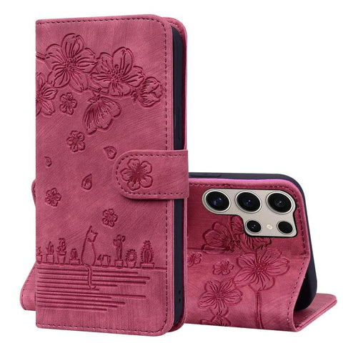 Cartoon Sakura Cat Embossed Leather Phone Case, For Samsung Galaxy S26+ 5G, For Samsung Galaxy S26 Ultra 5G, For Samsung Galaxy S26 5G, For Samsung Galaxy S25 Edge 5G, For Samsung Galaxy S25 Ultra 5G, For Samsung Galaxy S24 FE 5G                       ...