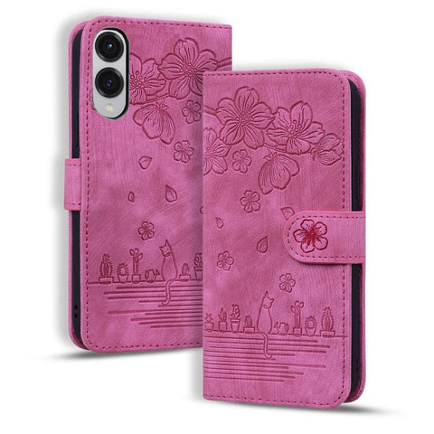 Cartoon Sakura Cat Embossed Leather Phone Case, For Samsung Galaxy S26+ 5G, For Samsung Galaxy S26 Ultra 5G, For Samsung Galaxy S26 5G, For Samsung Galaxy S25 Edge 5G, For Samsung Galaxy S25 Ultra 5G, For Samsung Galaxy S24 FE 5G                       ...