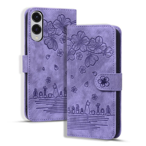 Cartoon Sakura Cat Embossed Leather Phone Case, For Samsung Galaxy S26+ 5G, For Samsung Galaxy S26 Ultra 5G, For Samsung Galaxy S26 5G, For Samsung Galaxy S25 Edge 5G, For Samsung Galaxy S25 Ultra 5G, For Samsung Galaxy S24 FE 5G                       ...