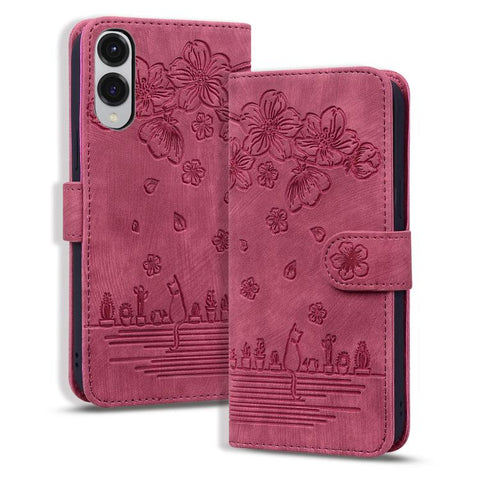 Cartoon Sakura Cat Embossed Leather Phone Case, For Samsung Galaxy S26+ 5G, For Samsung Galaxy S26 Ultra 5G, For Samsung Galaxy S26 5G, For Samsung Galaxy S25 Edge 5G, For Samsung Galaxy S25 Ultra 5G, For Samsung Galaxy S24 FE 5G                       ...
