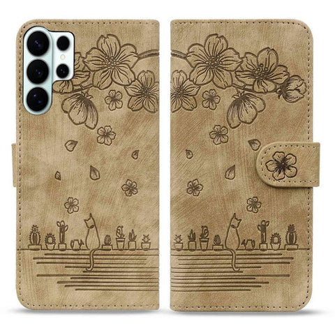 Cartoon Sakura Cat Embossed Leather Phone Case, For Samsung Galaxy S26+ 5G, For Samsung Galaxy S26 Ultra 5G, For Samsung Galaxy S26 5G, For Samsung Galaxy S25 Edge 5G, For Samsung Galaxy S25 Ultra 5G, For Samsung Galaxy S24 FE 5G                       ...