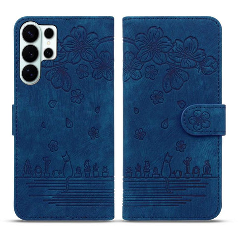 Cartoon Sakura Cat Embossed Leather Phone Case, For Samsung Galaxy S26+ 5G, For Samsung Galaxy S26 Ultra 5G, For Samsung Galaxy S26 5G, For Samsung Galaxy S25 Edge 5G, For Samsung Galaxy S25 Ultra 5G, For Samsung Galaxy S24 FE 5G                       ...