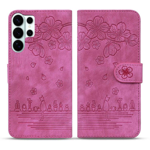 Cartoon Sakura Cat Embossed Leather Phone Case, For Samsung Galaxy S26+ 5G, For Samsung Galaxy S26 Ultra 5G, For Samsung Galaxy S26 5G, For Samsung Galaxy S25 Edge 5G, For Samsung Galaxy S25 Ultra 5G, For Samsung Galaxy S24 FE 5G                       ...