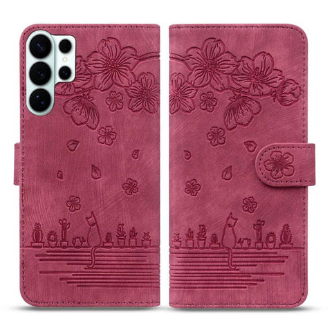 Cartoon Sakura Cat Embossed Leather Phone Case, For Samsung Galaxy S26+ 5G, For Samsung Galaxy S26 Ultra 5G, For Samsung Galaxy S26 5G, For Samsung Galaxy S25 Edge 5G, For Samsung Galaxy S25 Ultra 5G, For Samsung Galaxy S24 FE 5G                       ...