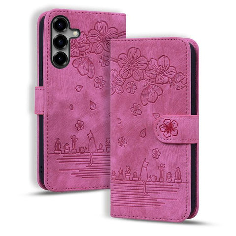 Cartoon Sakura Cat Embossed Leather Phone Case, For Samsung Galaxy S26+ 5G, For Samsung Galaxy S26 Ultra 5G, For Samsung Galaxy S26 5G, For Samsung Galaxy S25 Edge 5G, For Samsung Galaxy S25 Ultra 5G, For Samsung Galaxy S24 FE 5G                       ...