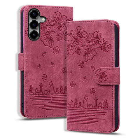 Cartoon Sakura Cat Embossed Leather Phone Case, For Samsung Galaxy S26+ 5G, For Samsung Galaxy S26 Ultra 5G, For Samsung Galaxy S26 5G, For Samsung Galaxy S25 Edge 5G, For Samsung Galaxy S25 Ultra 5G, For Samsung Galaxy S24 FE 5G                       ...