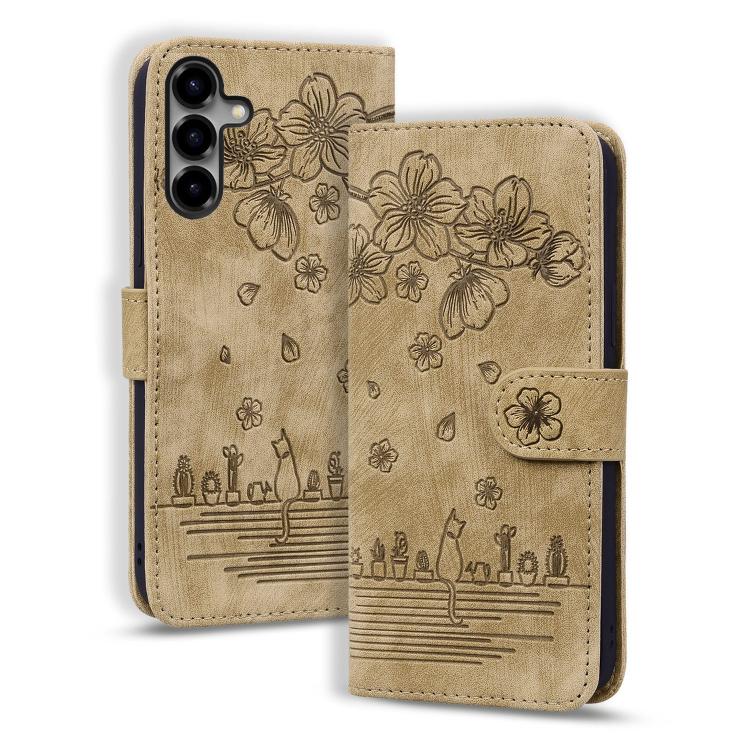 Cartoon Sakura Cat Embossed Leather Phone Case, For Samsung Galaxy S26+ 5G, For Samsung Galaxy S26 Ultra 5G, For Samsung Galaxy S26 5G, For Samsung Galaxy S25 Edge 5G, For Samsung Galaxy S25 Ultra 5G, For Samsung Galaxy S24 FE 5G                       ...