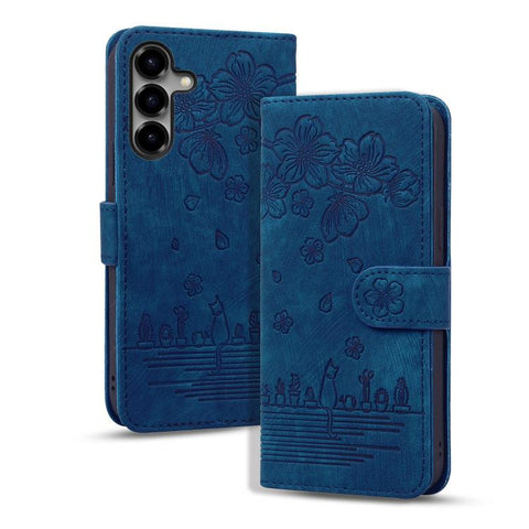 Cartoon Sakura Cat Embossed Leather Phone Case, For Samsung Galaxy S26+ 5G, For Samsung Galaxy S26 Ultra 5G, For Samsung Galaxy S26 5G, For Samsung Galaxy S25 Edge 5G, For Samsung Galaxy S25 Ultra 5G, For Samsung Galaxy S24 FE 5G                       ...