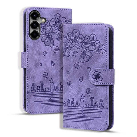 Cartoon Sakura Cat Embossed Leather Phone Case, For Samsung Galaxy S26+ 5G, For Samsung Galaxy S26 Ultra 5G, For Samsung Galaxy S26 5G, For Samsung Galaxy S25 Edge 5G, For Samsung Galaxy S25 Ultra 5G, For Samsung Galaxy S24 FE 5G                       ...