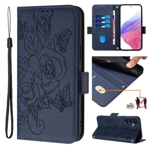 Embossed Rose RFID Anti-theft Leather Phone Case, For Galaxy A27 5G, For Samsung Galaxy A17 4G, For Samsung Galaxy A07 4G, For Samsung Galaxy A06 5G / 4G, For Samsung Galaxy A56 5G, For Samsung Galaxy A26, For Samsung Galaxy A36 5G, For Samsung Galaxy A16