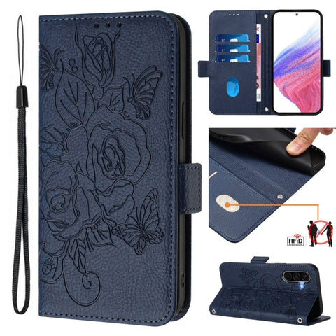 Embossed Rose RFID Anti-theft Leather Phone Case, For Galaxy A27 5G, For Samsung Galaxy A17 4G, For Samsung Galaxy A07 4G, For Samsung Galaxy A06 5G / 4G, For Samsung Galaxy A56 5G, For Samsung Galaxy A26, For Samsung Galaxy A36 5G, For Samsung Galaxy A16