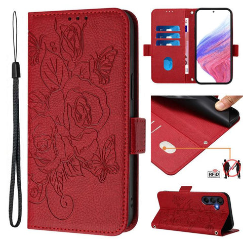 Embossed Rose RFID Anti-theft Leather Phone Case, For Galaxy A27 5G, For Samsung Galaxy A17 4G, For Samsung Galaxy A07 4G, For Samsung Galaxy A06 5G / 4G, For Samsung Galaxy A56 5G, For Samsung Galaxy A26, For Samsung Galaxy A36 5G, For Samsung Galaxy A16