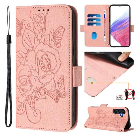 Embossed Rose RFID Anti-theft Leather Phone Case, For Galaxy A27 5G, For Samsung Galaxy A17 4G, For Samsung Galaxy A07 4G, For Samsung Galaxy A06 5G / 4G, For Samsung Galaxy A56 5G, For Samsung Galaxy A26, For Samsung Galaxy A36 5G, For Samsung Galaxy A16