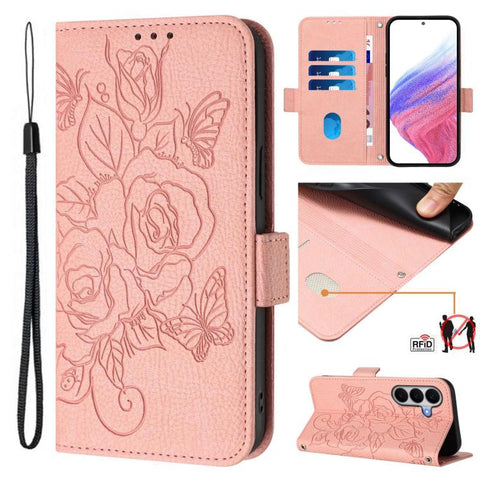 Embossed Rose RFID Anti-theft Leather Phone Case, For Galaxy A27 5G, For Samsung Galaxy A17 4G, For Samsung Galaxy A07 4G, For Samsung Galaxy A06 5G / 4G, For Samsung Galaxy A56 5G, For Samsung Galaxy A26, For Samsung Galaxy A36 5G, For Samsung Galaxy A16
