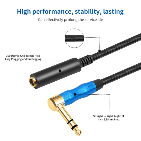 6.35mm 1/4 TRS Male Stereo Elbow to Female Electric Guitar Audio Cable, 0.3m, 1m, 1.8m