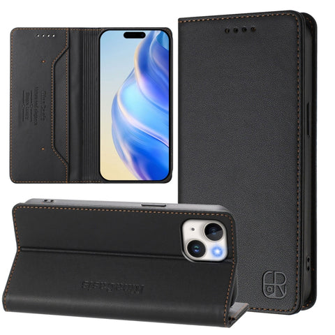 RC01 Dual-Folded Magnetic Suction RFID Leather Phone Case, For iPhone 15, For iPhone 14 Plus, For iPhone 14 / 13, For iPhone 14 Pro, For iPhone 14 Pro Max, For iPhone 7 / 8 / SE 2022