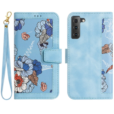 Floral Pattern Leather Phone Case with Lanyard, For Samsung Galaxy S22 5G, For Samsung Galaxy S21 FE 5G, For Samsung Galaxy S21 5G, For Samsung Galaxy S21+ 5G