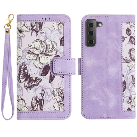 Floral Pattern Leather Phone Case with Lanyard, For Samsung Galaxy S22 5G, For Samsung Galaxy S21 FE 5G, For Samsung Galaxy S21 5G, For Samsung Galaxy S21+ 5G