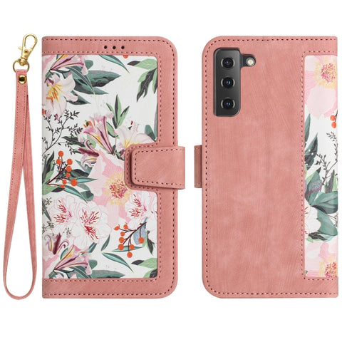 Floral Pattern Leather Phone Case with Lanyard, For Samsung Galaxy S22 5G, For Samsung Galaxy S21 FE 5G, For Samsung Galaxy S21 5G, For Samsung Galaxy S21+ 5G