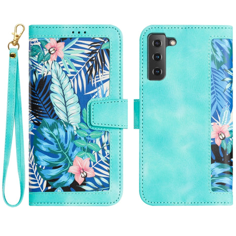 Floral Pattern Leather Phone Case with Lanyard, For Samsung Galaxy S22 5G, For Samsung Galaxy S21 FE 5G, For Samsung Galaxy S21 5G, For Samsung Galaxy S21+ 5G